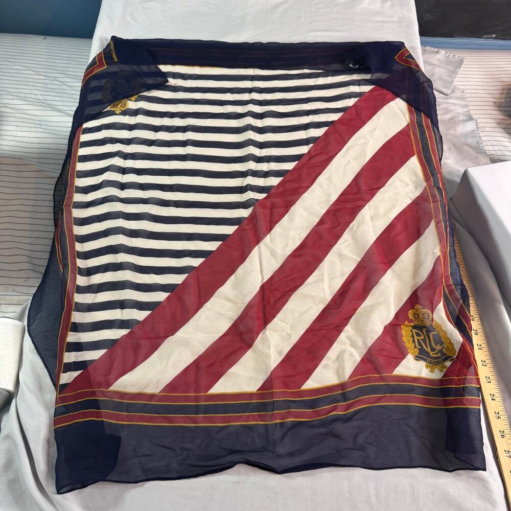 Vintage Ralph Lauren Nautical Crest Flag Sheer Scarf Navy Red White Large - Picture 6 of 8